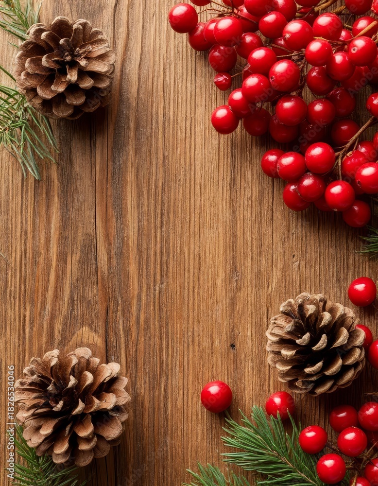 Obraz premium Pine cones vibrant red berries resting on rustic wooden background, cozy festive atmosphere holiday decorations, winter celebrations, seasonal greetings christmas copy space marketplace product card