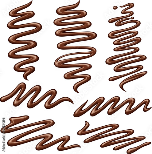 Create a kinds of deferent Drizzled chocolate syrup swirls vector art with white background.