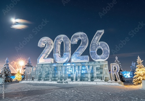 Large ice sculpture of 2026 happy new year illuminated at night snow festive lights