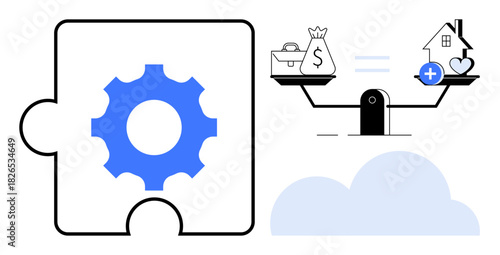 Financial balance concept. Financial decisions balancing wealth, investments, and home values. Financial strategies ed with gear, scales, cloud. For finance, wealth planning home ownership insights