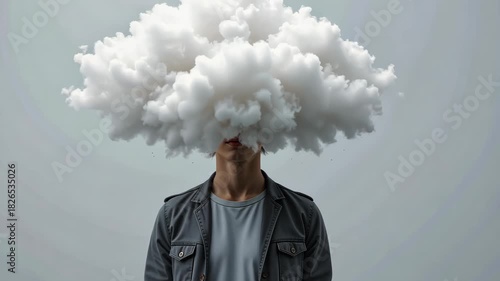 Man in grey shirt with giant fluffy cloud obscuring his head standing against soft background. Concept of daydream and imagination