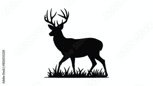 A black silhouette of a majestic deer standing in tall grass against a white background. 