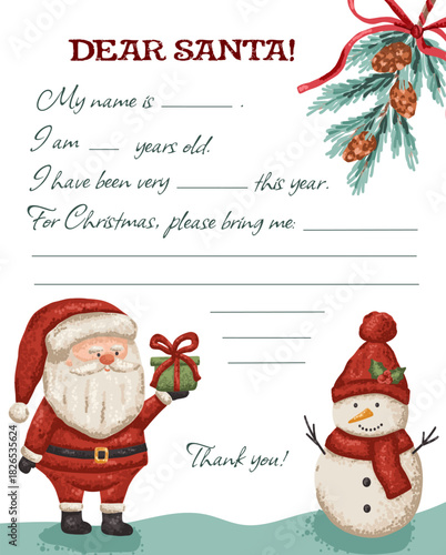 Christmas letter template to Santa Claus in bow frame with text