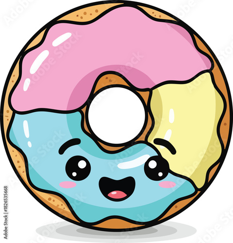 Cute Cartoon Donut with Colorful Icing and Happy Face Illustration.