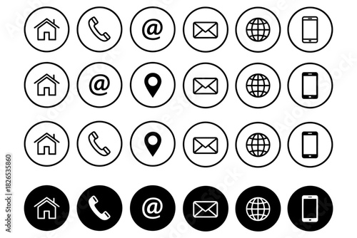 set of Contact Icons Set,
Minimalist Contact Icons Set,
Black and White Phone, Email, Location & Web Symbols