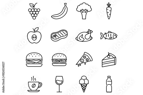 set of food icons,
Minimalist Food Line Icons,
Clean Black-and-White Vector Set of Diverse Culinary Items