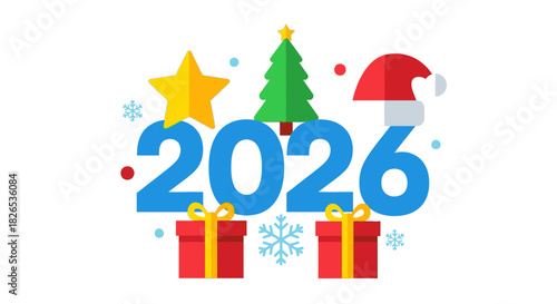 Happy new year 2026 celebration with christmas tree and gift box
