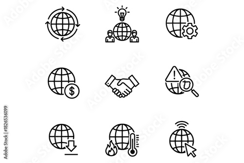 set of Globe Icons,
Minimalist Globe Icons,
Black Line Illustrations Representing Globalization, Collaboration & Environment