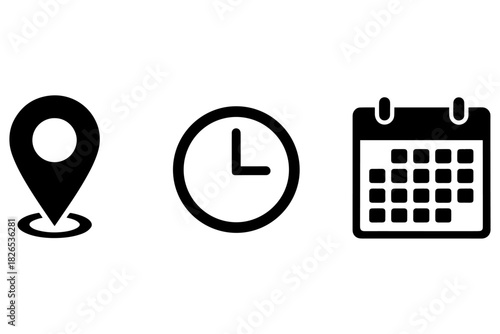 new year calendar,
Minimalist Location, Clock & Calendar Icons,
Black Pictogram Set on White Background