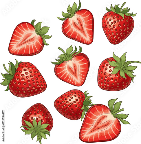 Create a kinds of deferent Fresh strawberries halved and whole falling vector art with white background.