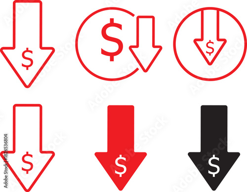Cost reduction icon set, profit and lose money icons, Dollar coin with down arrow icon set symbolizing cost reduction.illustration,
