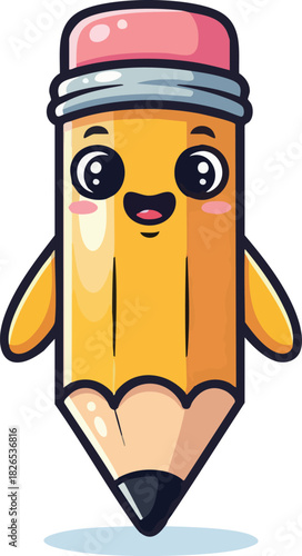 Cute cartoon pencil character with a happy face and pink eraser.