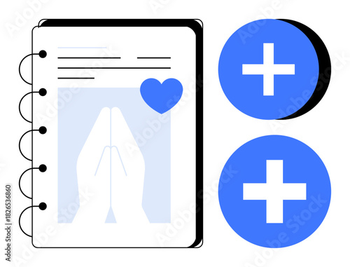 Prayer concept. Notebook with a praying hands symbol and heart s reflection and spirituality. Plus icons indicate positivity and growth. Ideal for faith, personal growth, well-being, life journaling