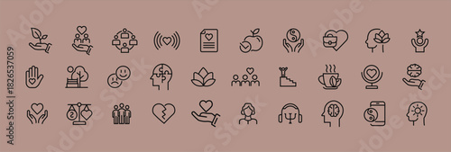 Mental health emotional set of web icons in line style. Containing brain, chart, handheart, heart, pen, cloud, people, head, handshake, headplus, star, sleep, man, gear, couple. Editable stroke icons.
