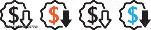 Cost reduction icon price lower arrow, profit and lose money icons, Price Reduction sign, dollar symbol with a downward arrow symbol,

