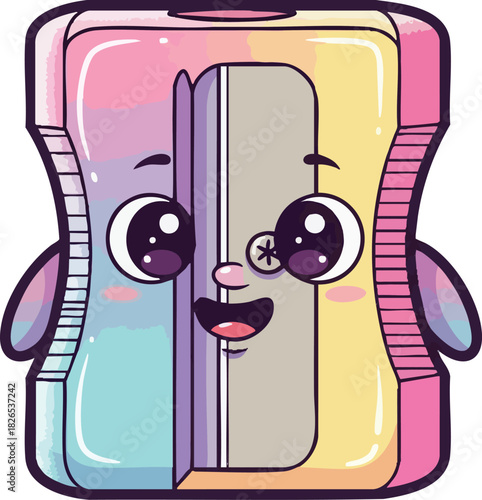 Cute Cartoon Pencil Sharpener with Kawaii Face and Pastel Colors.