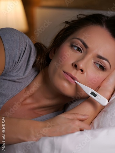 Sick Woman Taking Temperature in Bed - Healthcare and Wellness Concept