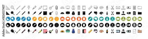 A collection of minimalistic, thin line icons representing essential tools for creativity and organization, including a shield for security, notebooks for planning, a pencil and ruler for drafting.