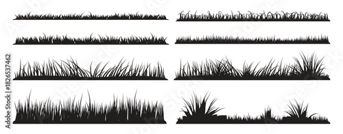 Grass border silhouette collection. Silhouette of a grass icon set, isolated on a white background, black and white graphic illustration, vector. Grass bunches of different shapes. Lawn, lawn, field.