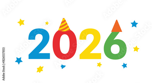 Colorful 2026 new year celebration text with party hat isolated on