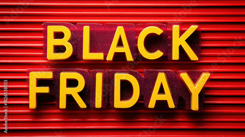 Black Friday sale sign with yellow letters on a red background. the words Black Friday in a bold, eye-catching design, perfect for promotional materials.