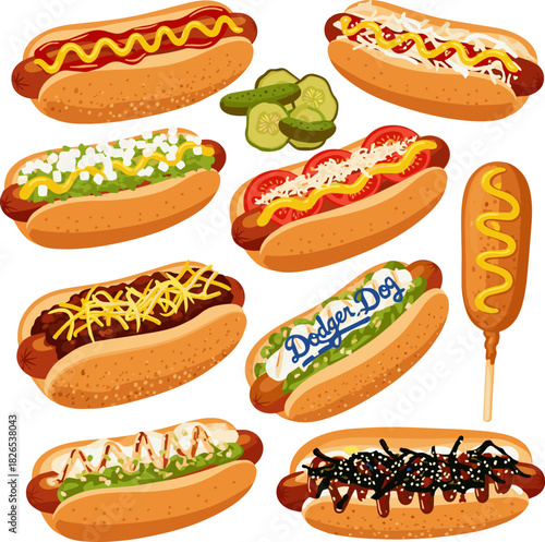 Create a kinds of deferent Hot dog vector art with white background.
