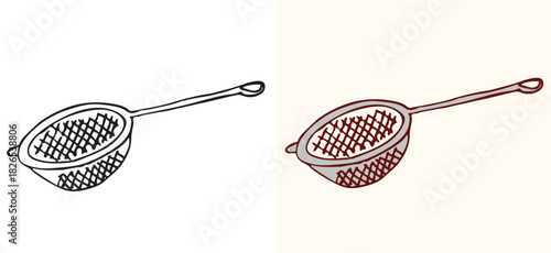kitchen utensil graphics of a handled sieve or strainer. Includes a hand-drawn black line version and a colored version, ideal for food preparation guides, recipe cards, culinary branding, and kitchen