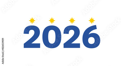 Blue number 2026 with four yellow star above isolated on