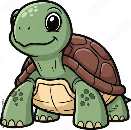 Cute Cartoon Turtle Smiling with Green Skin and Brown Shell.