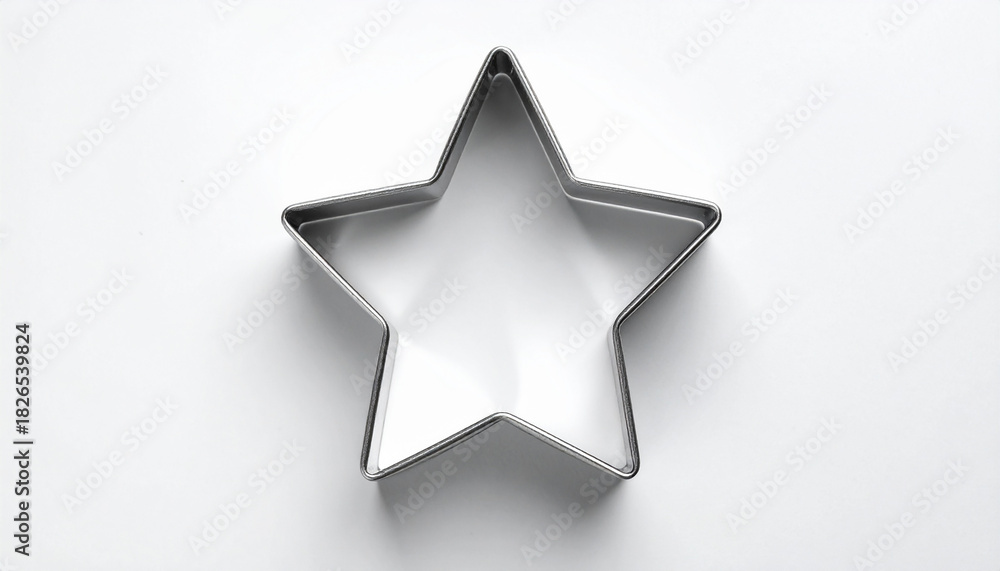 Fototapeta premium Metal silver star shaped cookie cutter isolated on white backdrop, baking tool. Top view.