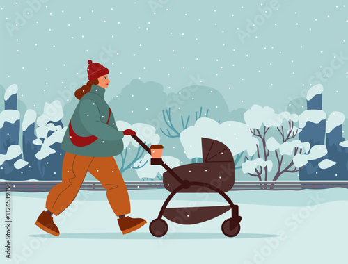 young mother walking with a baby stroller on a snowy winter street or city park