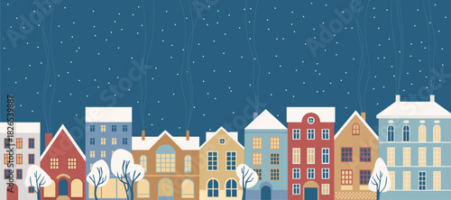 repeatable border with Сolorful fairy winter houses in a snowy night landscape