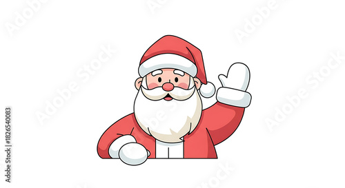 Jolly cartoon Santa Claus waving a cheerful greeting for the Christmas holiday season. Festive character illustration isolated on white background