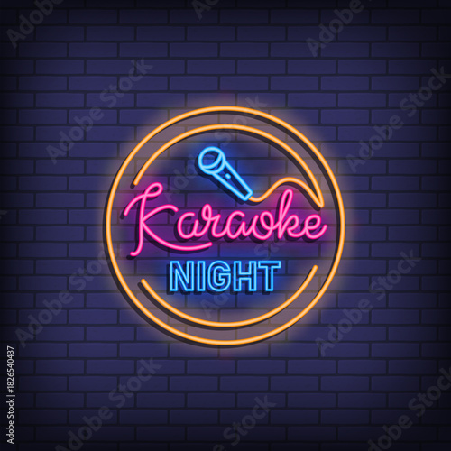 Karaoke Night neon round sign glowing on a dark background