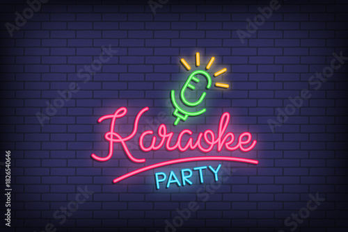 Karaoke party neon sign illustration with glowing microphone design
