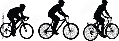 Bicyclist silhouettes set: road, mountain, and commuter bikes, representing diverse cycling, fitness, sport, transport, and adventure