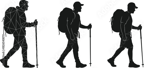Hiker with Backpack and Trekking Poles, Triangulation Mesh, Polygon, Travel, Adventure, Silhouette, Hiking, Outdoor Sports