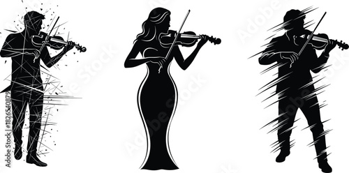 Dynamic Black Silhouettes of Violin Players, Male and Female Musicians Performing Energetic Classical String Music with Abstract Artistic Grunge Effects, Vector Illustrations