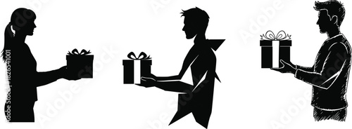 Three people offering a gift box, demonstrating giving, celebration, surprise, and holiday spirit, shown in solid, geometric, and sketched black silhouette styles, isolated vector set