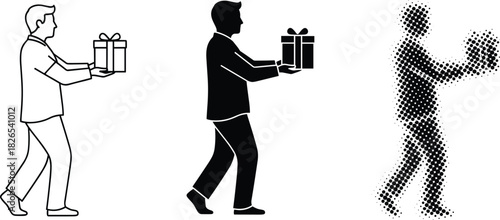 Set of illustrations showing a man walking and offering a gift box, symbolizing present delivery, surprise, generous gesture, customer service, special occasion, and holiday exchange concept