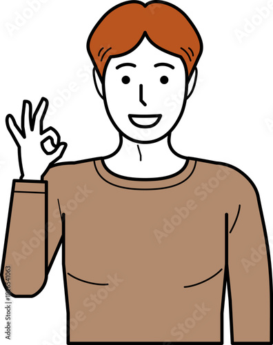 正面向き。OKサインをするTシャツの若い男性。