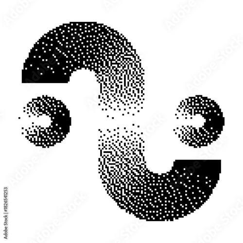 Geometric Abstract Shapes Vector Illustration, Bitmap Dithering, Retro-Futuristic Pixel Art Texture, Monochrome Visual Elements