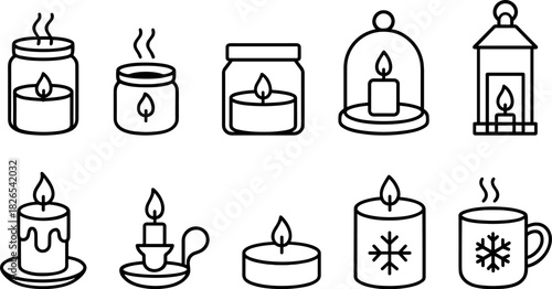 Christmas candles and holiday lights icons set. Festive decor, winter celebration outline illustrations