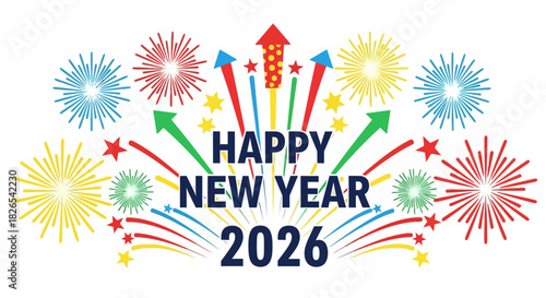 Happy new year 2026 greeting card with colorful firework explosion