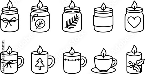 Christmas candles and holiday lights icons set. Festive decor, winter celebration outline illustrations