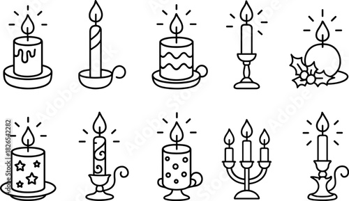 Christmas candles and holiday lights icons set. Festive decor, winter celebration outline illustrations