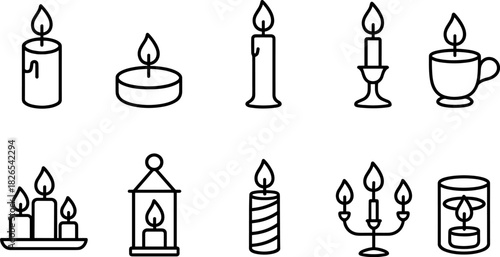 Christmas candles and holiday lights icons set. Festive decor, winter celebration outline illustrations