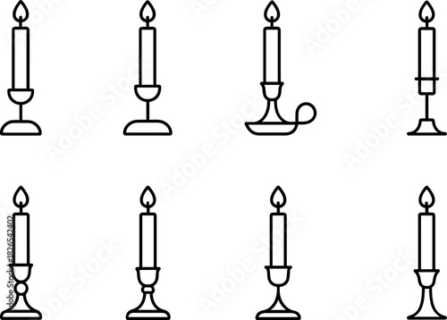 Christmas candles and holiday lights icons set. Festive decor, winter celebration outline illustrations
