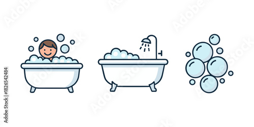 Bathing icon set showing person enjoying bubble bath