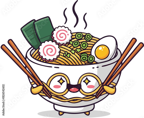 Cute Kawaii Ramen Bowl with Chopsticks and Happy Face Cartoon.